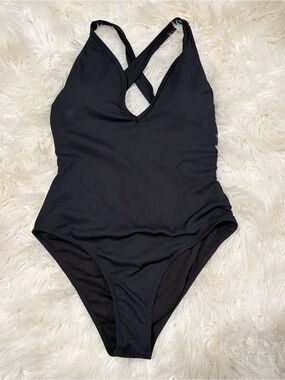 Black one piece swimsuit open back and deep V size M